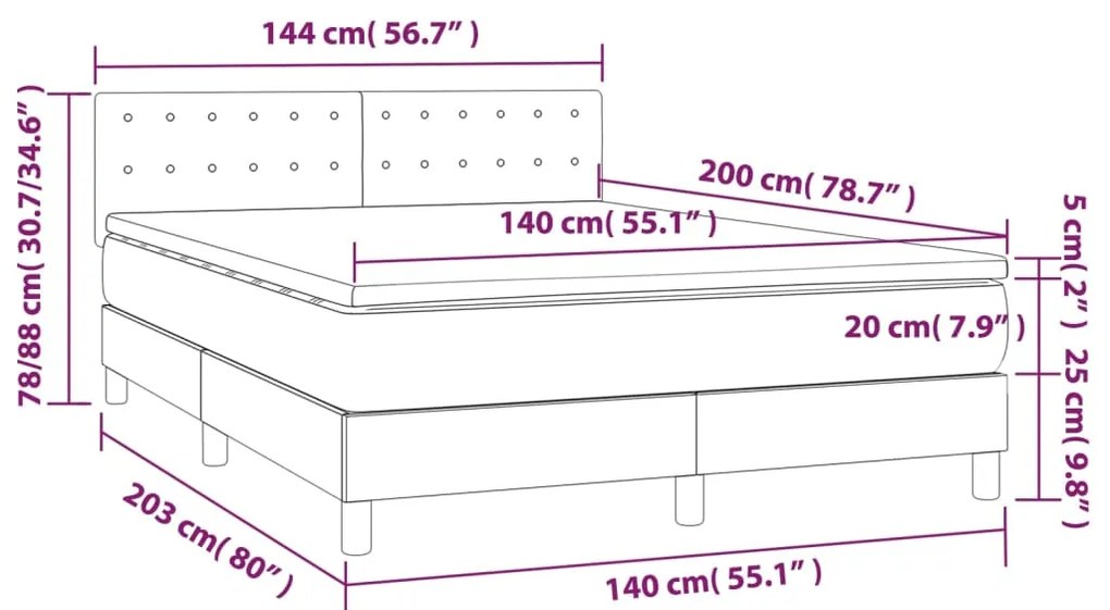 Cama box spring c/ colchão/LED 140x200cm couro artificial cinza