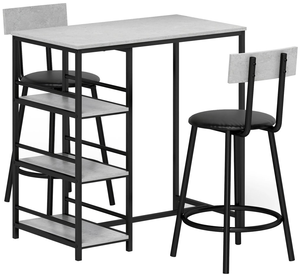 HOMCOM Conjunto de Mesa Alta de Bar com 2 Bancos Mesa Alta de Cozinha com Bancos Prateleiras Laterais Cinza Escuro