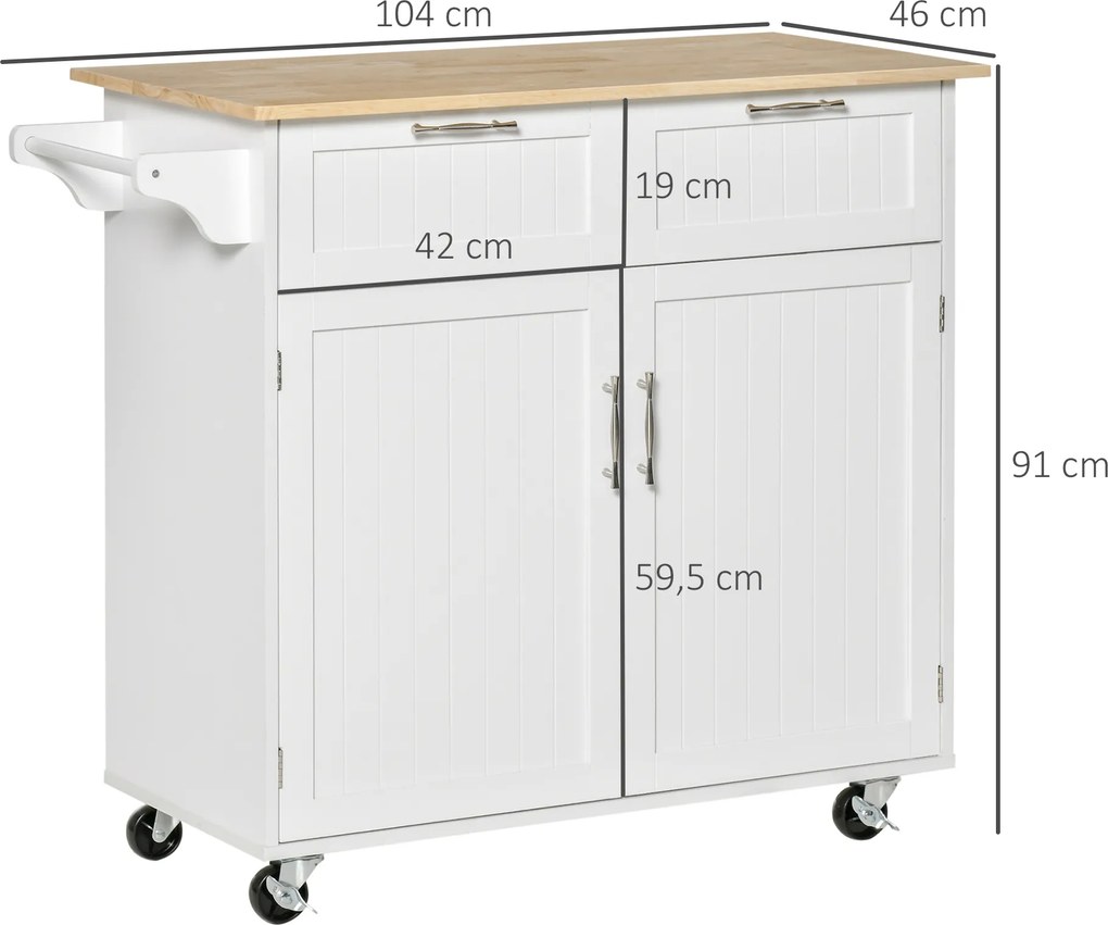Carrinho de Cozinha com Rodas Móvel Auxiliar de Cozinha com 2 Gavetas 2 Portas Prateleira Ajustável 104x46x91 cm Branco