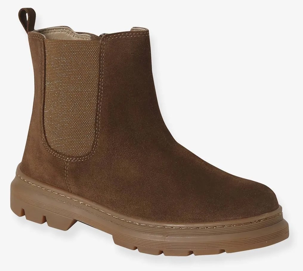 Botas em pele com elástico e fecho, para menina camelo