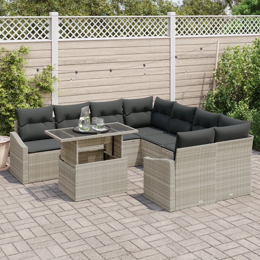 Conjunto de Sofá de Jardim de 9 Peças com Almofadas Cinza Claro em Rat
