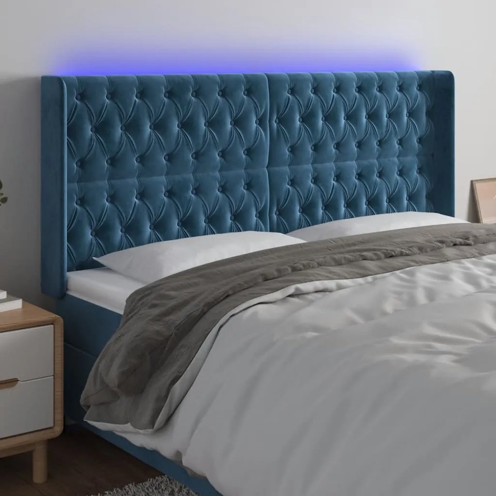 Cabeceira cama c/ luzes LED veludo 203x16x118/128cm azul-escuro