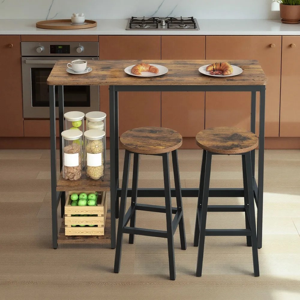 Conjunto de mesa de bar com prateleira, com 2 bancos, estrutura metálica castanho-preto