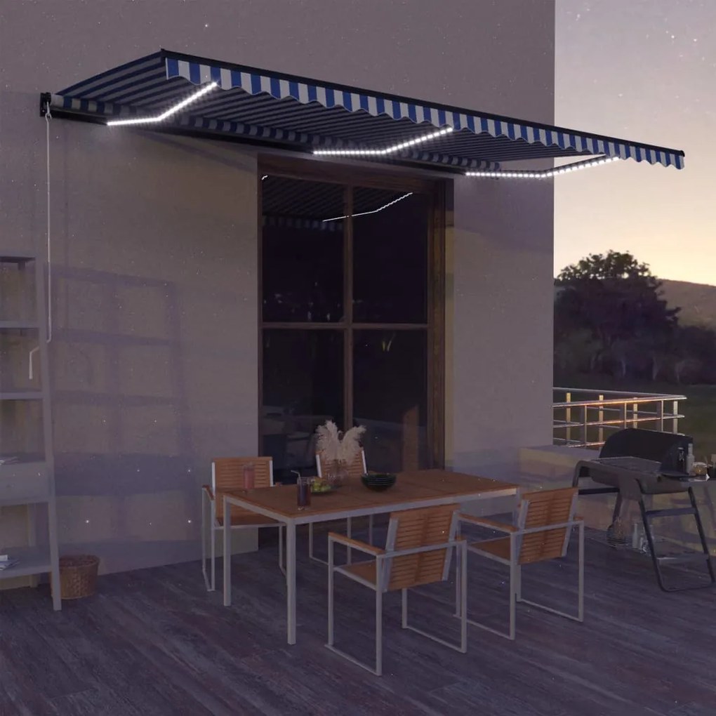 vidaXL Toldo retrátil manual com LED 600x300 cm azul e branco