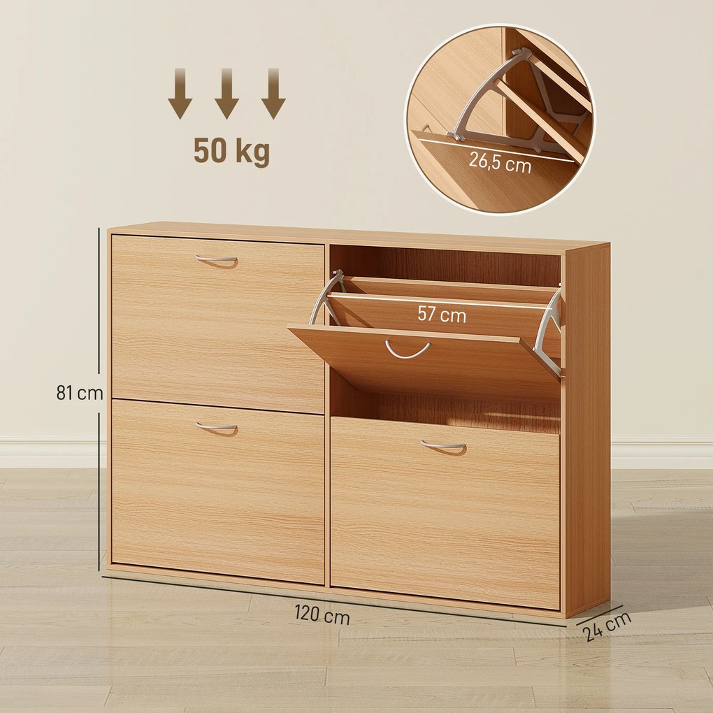 Sapateira Moderna com 4 Gavetas Abatíveis e Prateleiras Ajustáveis para 16-24 Pares de Sapatos 120x24x81 cm Madeira