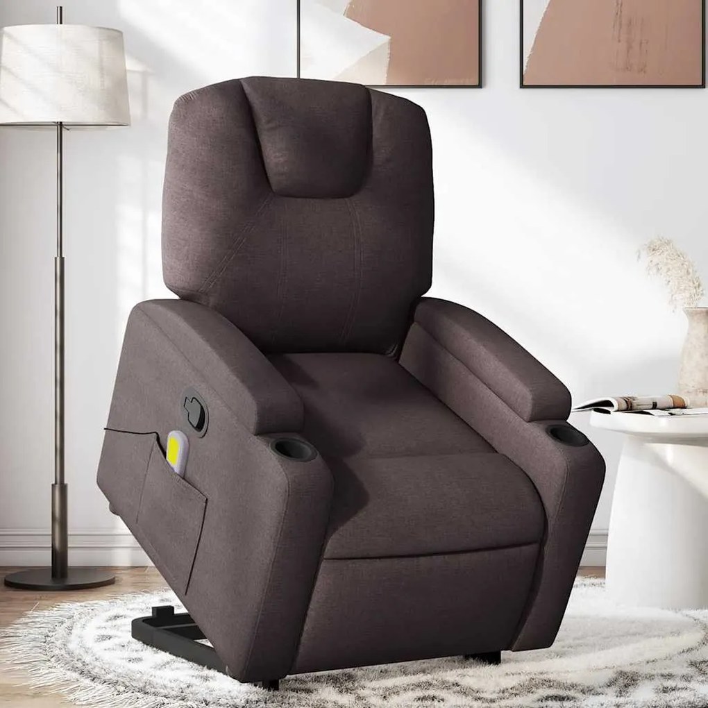vidaXL Poltrona massagens reclinável elevatória tecido castanho-escuro