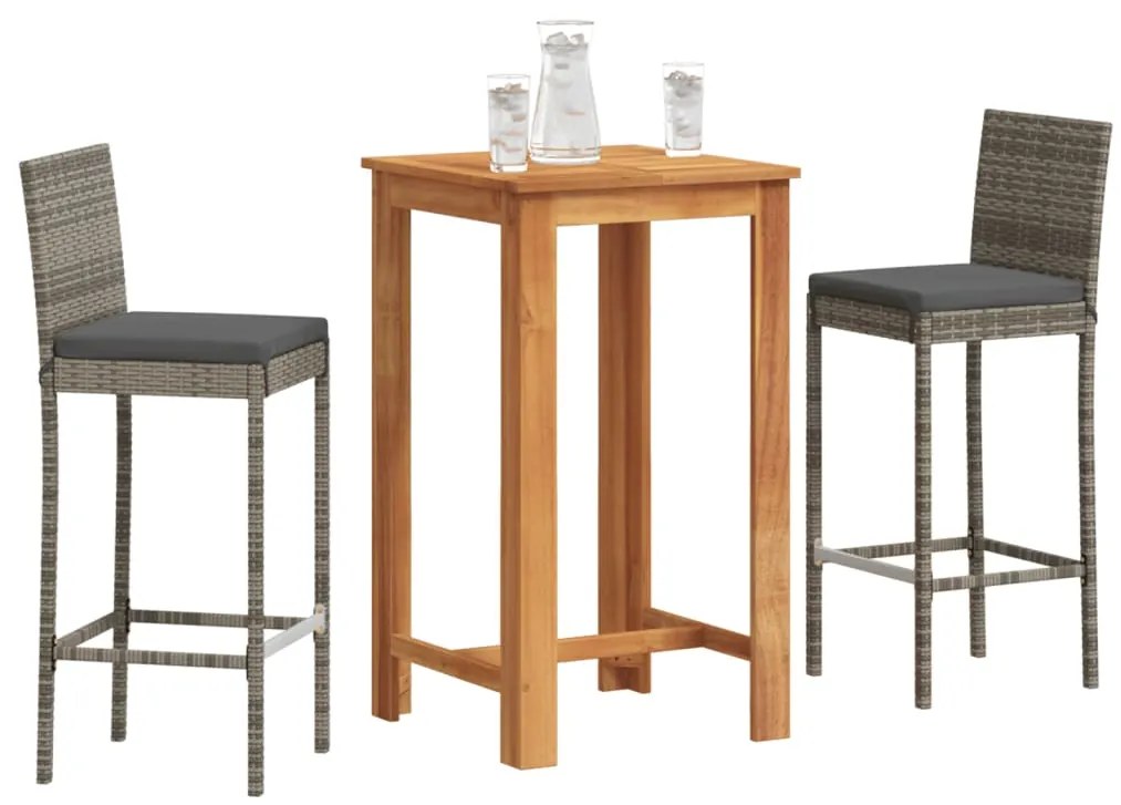 3 pcs conjunto de bar p/ jardim acácia maciça/vime PE cinzento