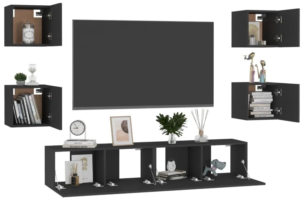 6 pcs conjunto de móveis de TV derivados de madeira preto