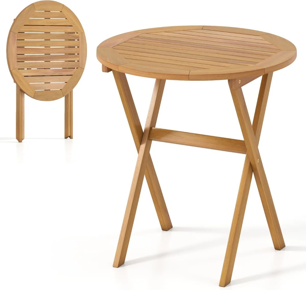 Mesa redonda dobrável 67 x 67 x 69 cm em madeira de acácia para exterior, com estrutura em forma de X, ideal para jardim, pátio ou varanda, com acabam