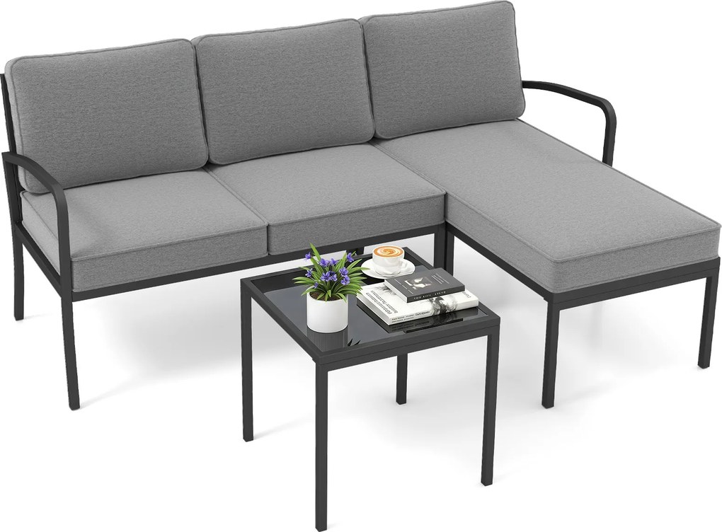 Conjunto de 3 Peças de Jardim: Sofá de 2 Lugares, Sofá em L e Mesa de Centro, 172,5 x 113 x 80 cm, Almofadas Laváveis, Cinzento