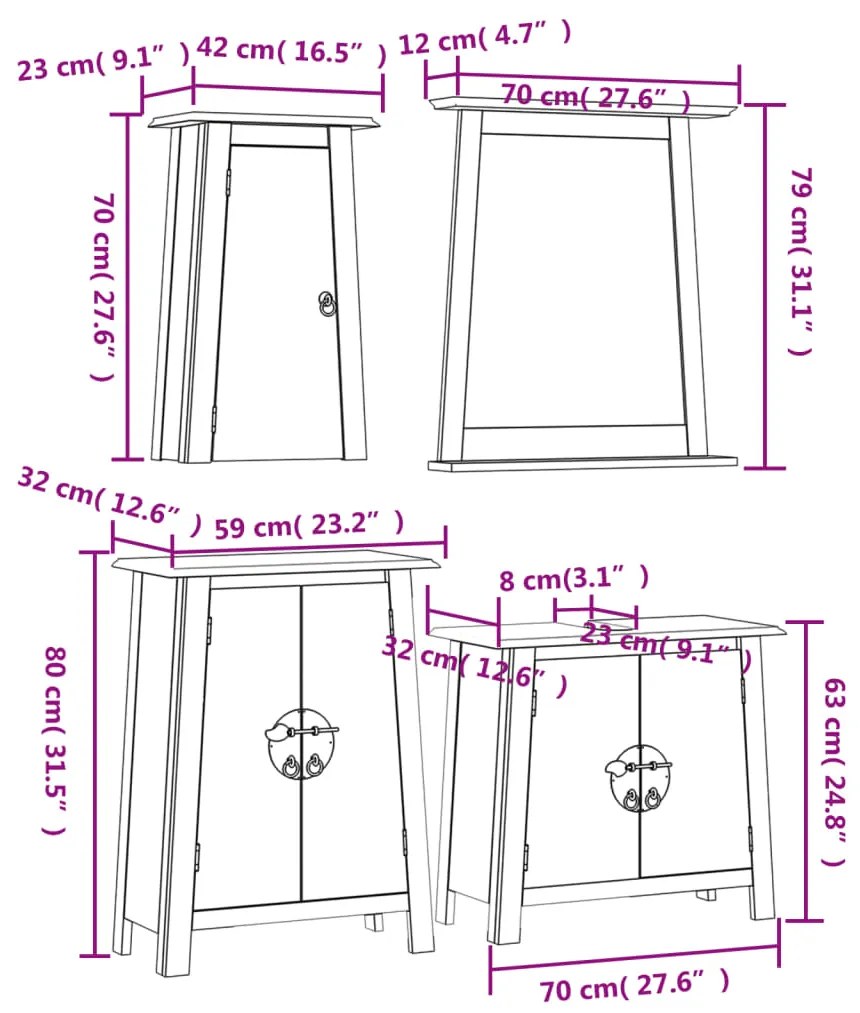 4 pcs conjunto móveis p/ casa de banho madeira de pinho maciça