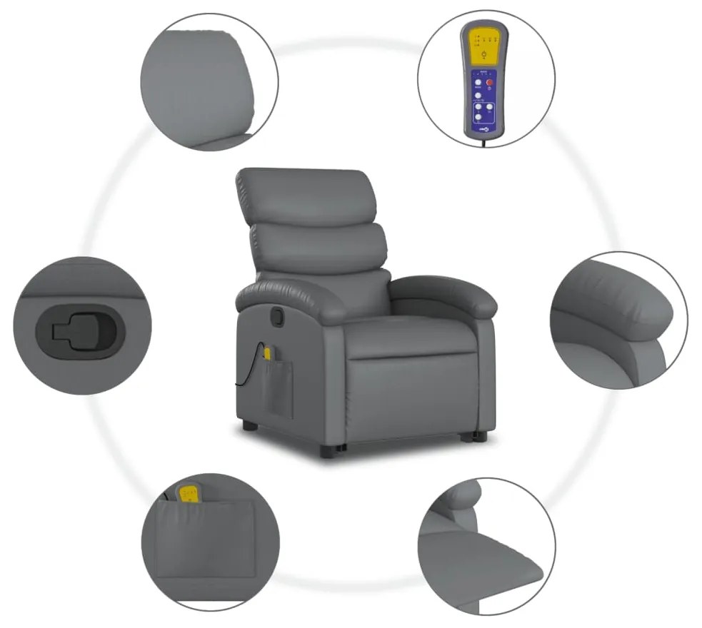 Poltrona massagens reclinável elevatória couro artif. cinzento