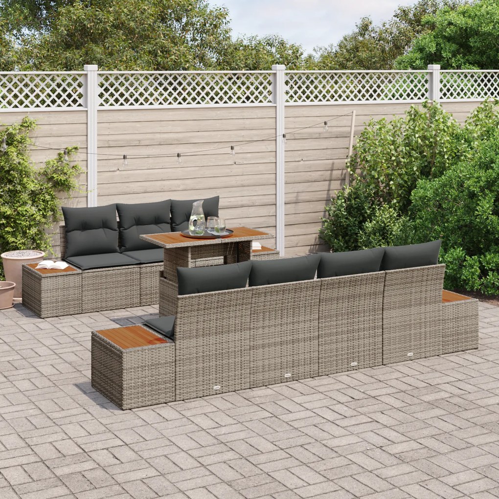 Conjunto de Jantar de Jardim com 8 Peças e Almofadas Cinza em Rattan P