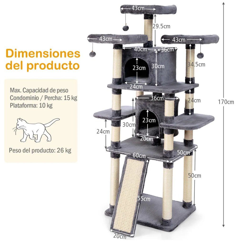 Arranhador para gatos multinível 170 cm com paus para arranhar Centro de actividades Cinzento