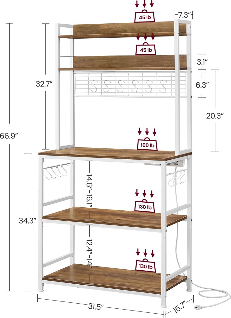 Estante de cozinha 40 x 80 x 170 cm com tomadas e prateleira de grade castanho-branco