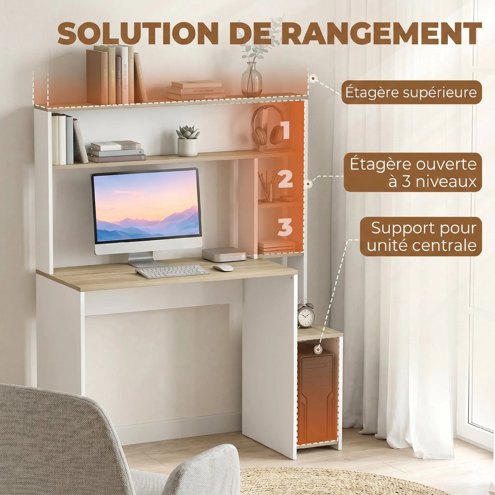 Secretária para computador, 114 x 45 x 138 cm, secretária com arrumação, prateleiras abertas e suporte para o computador, branco e natural