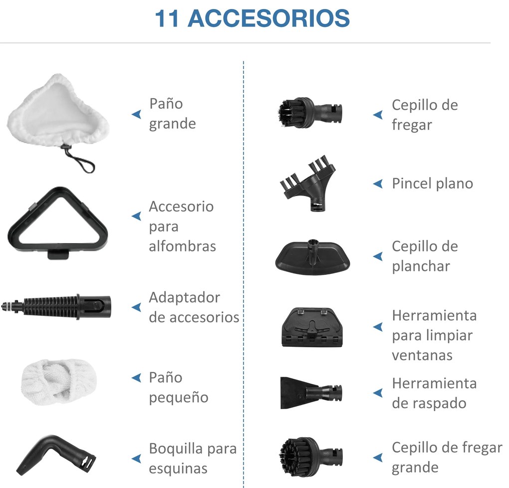 HOMCOM Mopa a Vapor 1300W Limpador a Vapor Multifuncional com Depósito de 450ml e 11 Acessórios Incluídos Aquecimento em 20-30 Segundos 28x21x112cm Cinza e Branco