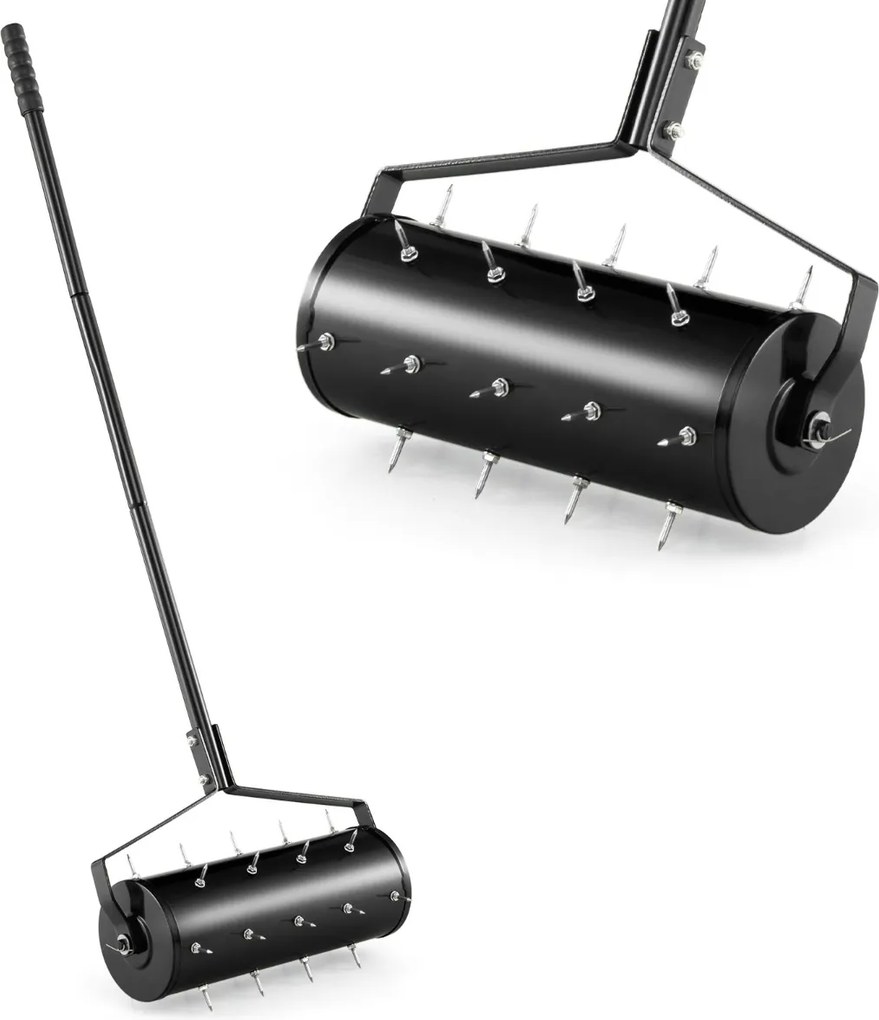 Rolo para Relva com arejador de relva com rolo de 44 cm Cabo amovível de 128 cm e dentes para jardim Preto