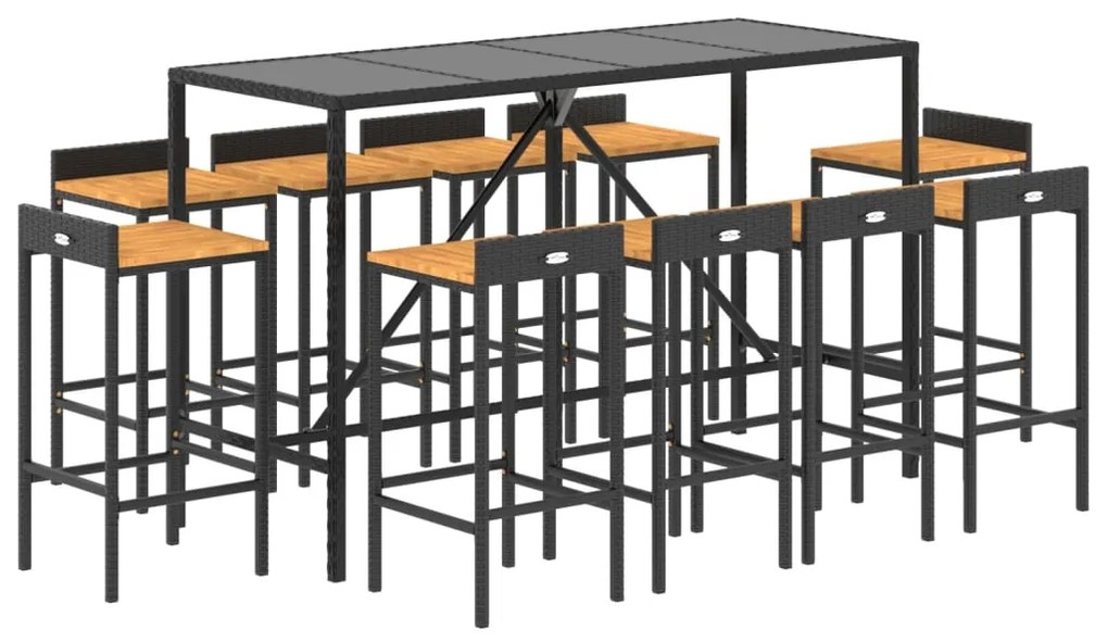 11 pcs conjunto de bar p/ jardim vime PE/acácia maciça preto