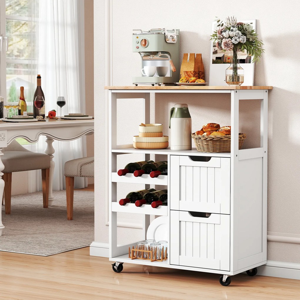 Carrinho de Cozinha com Garrafeira, 65 x 37 x 89 cm, Arrumação Completa, Branco