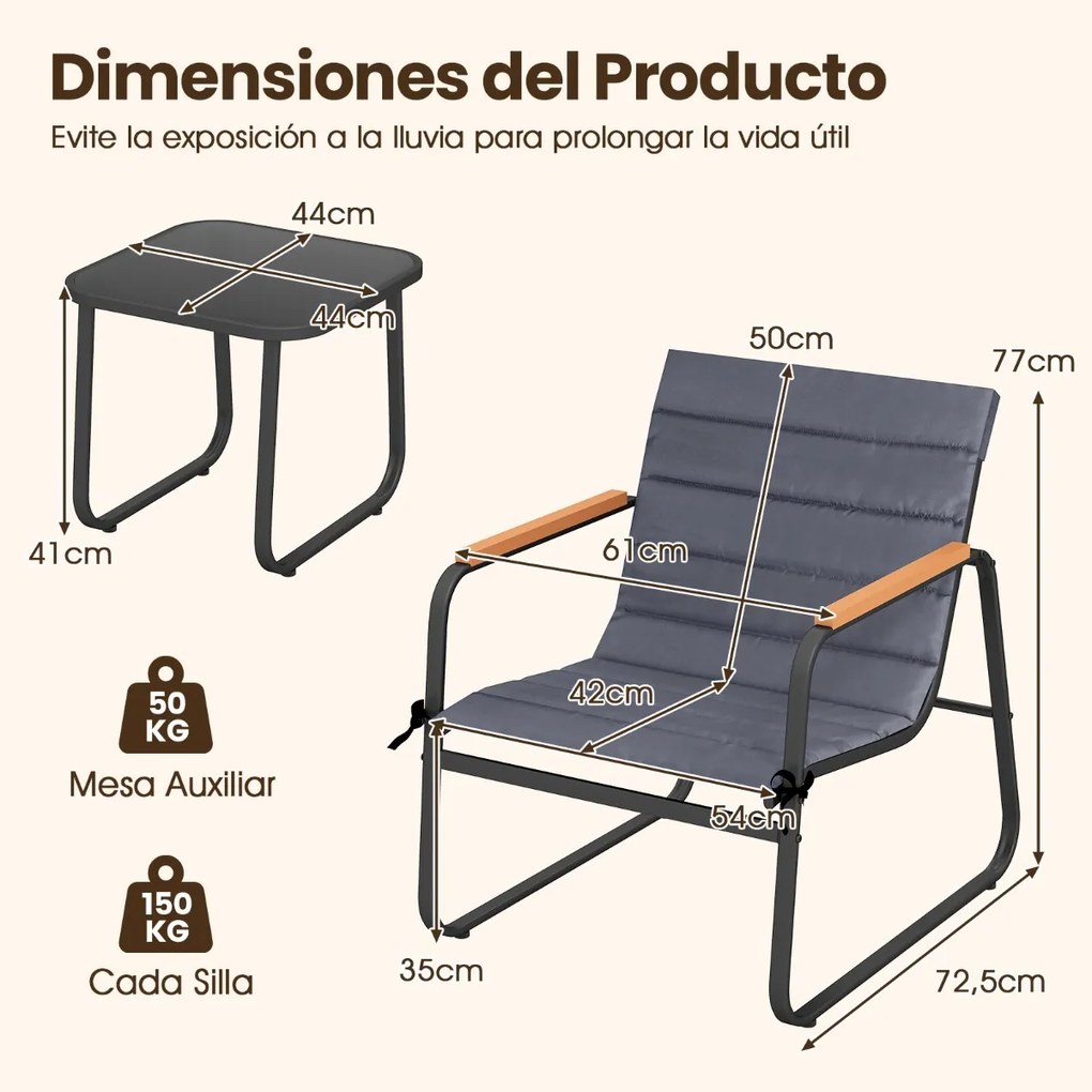Conjunto de jardim de 3 peças, mesa de centro de vidro temperado e 2 Cadeiras com almofadas cinza