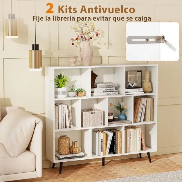 Estante de 3 níveis com 10 cubos, 4 pés de metal e dispositivo anti-capotamento para sala de estar ou escritório 120 x 24 x 107 cm branco