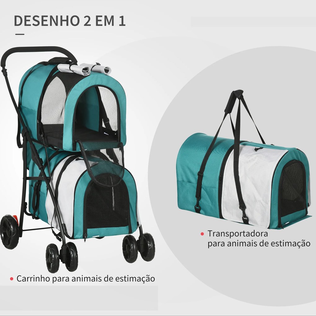 Carrinho Duplo para Cães Gatos Dobrável com 2 Transportadoras Portáteis Cinto de Segurança 66x50x98 cm Turquesa e Cinza