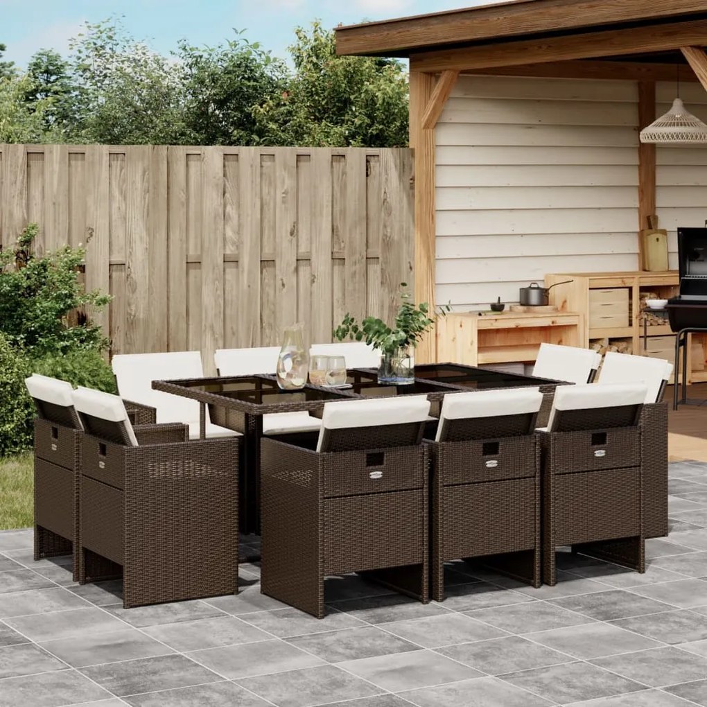 11 pcs conjunto jantar p/ jardim c/ almofadões vime PE castanho