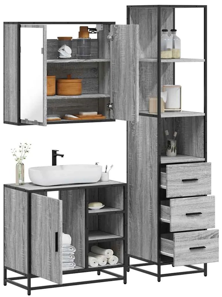 3 pcs Conjunto móveis casa de banho madeira proc. cinza sonoma