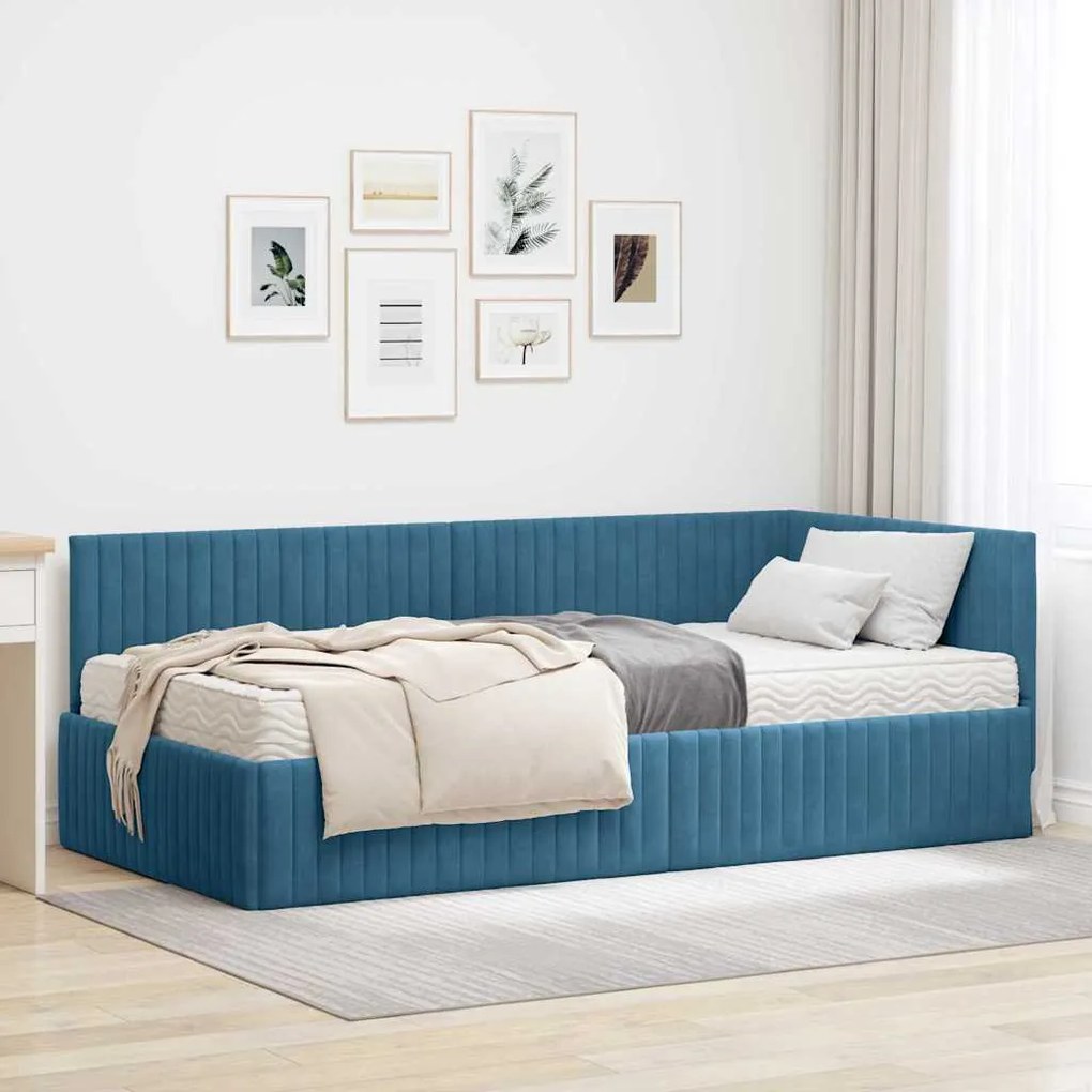 vidaXL Estrutura de Cama de Canto com Colchão 2 pcs Azul Veludo