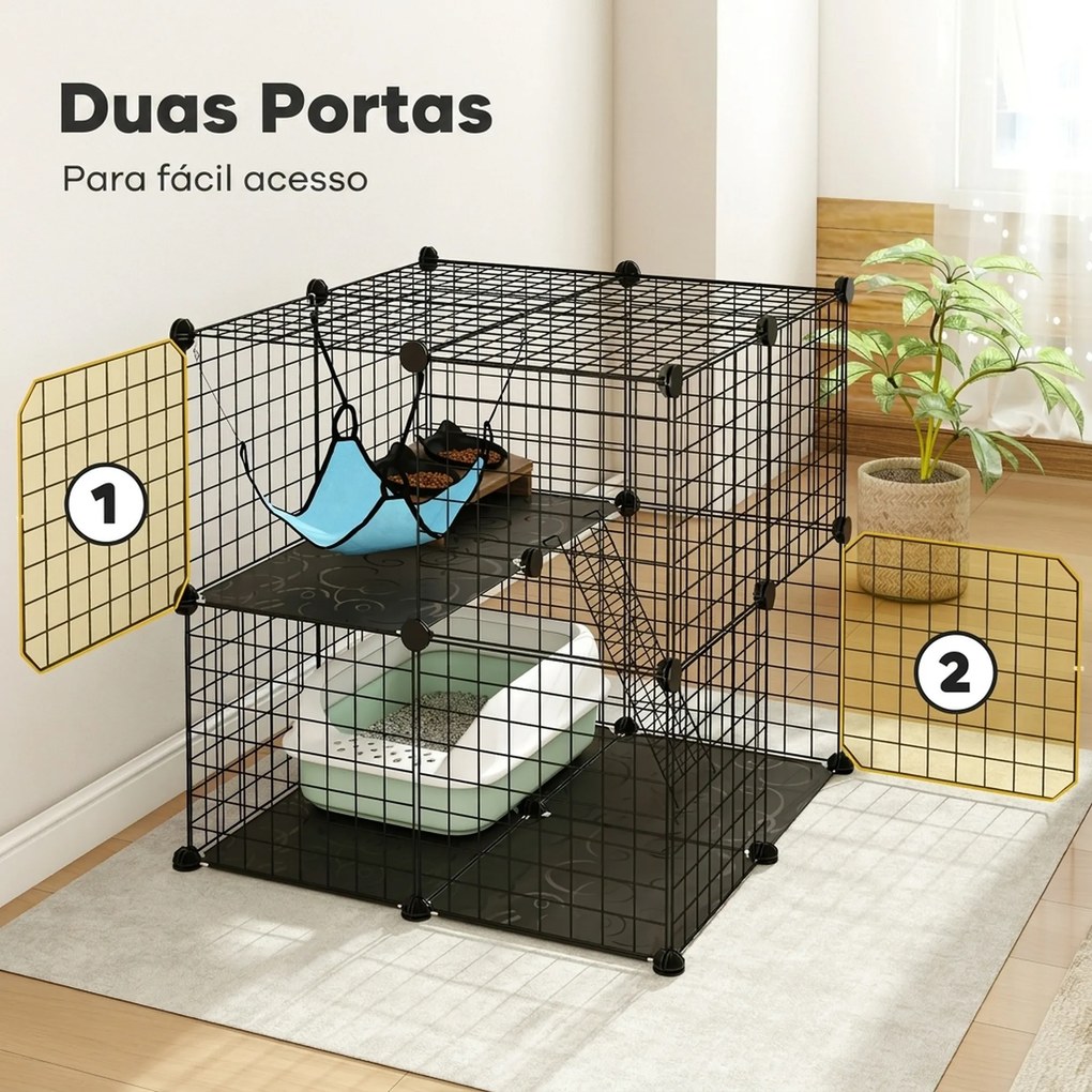 Gaiola Interior para Gatos de 2 Níveis em Aço com 2 Portas Escada e Rede 70x70x70 cm Preta