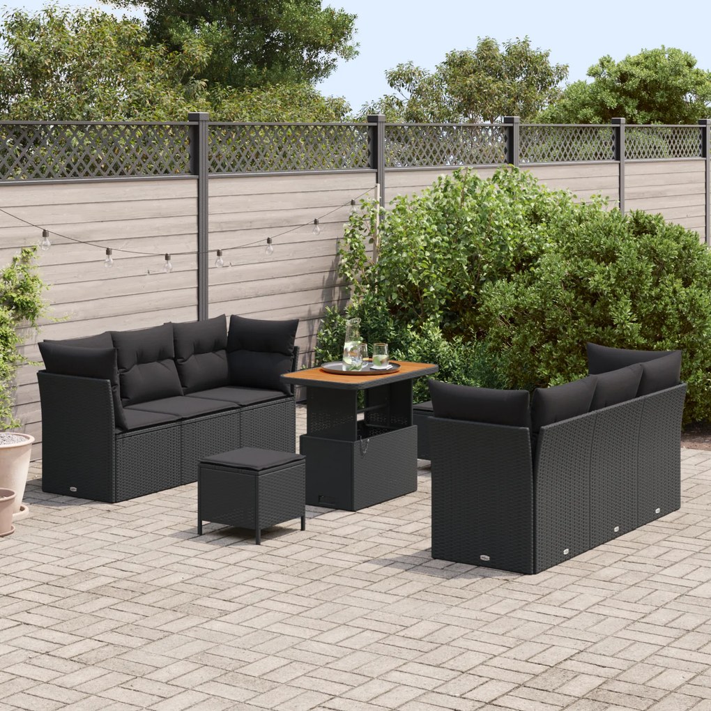 Conjunto de Sofá de Jardim vidaXL com Almofadas Preto Rattan Poliéster
