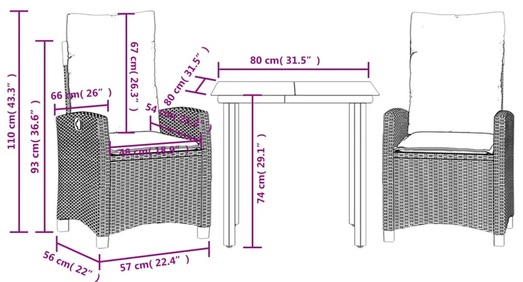3 pcs conjunto de jantar p/ jardim c/ almofadões vime PE preto