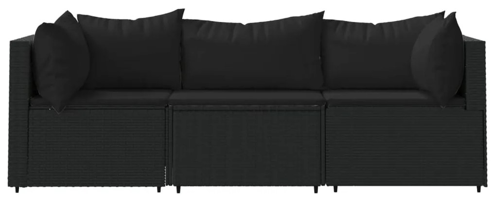 3 pcs conjunto lounge de jardim c/ almofadões vime PE preto