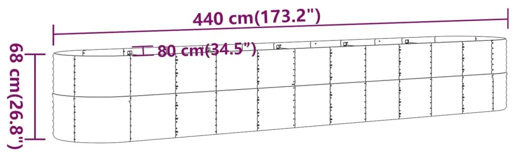 Canteiro elevado jardim 440x80x68cm aço revestido a pó prateado