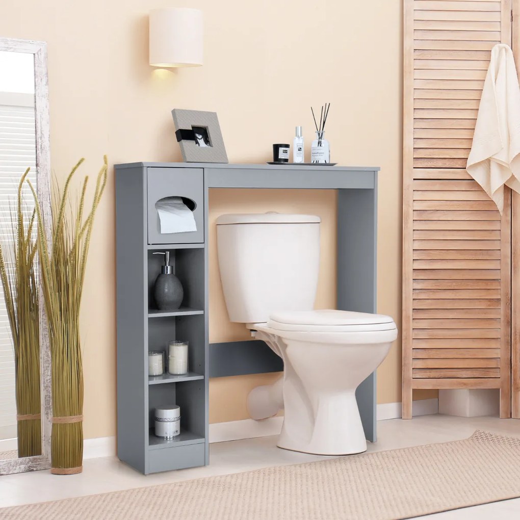 Armário de Casa de banho Sob a Sanita economiza espaço para o banheiro com almofadas ajustáveis ​​e almofada de suporte para rolo de papel higiênico 75,5x19,5x81,5cm Cinzento