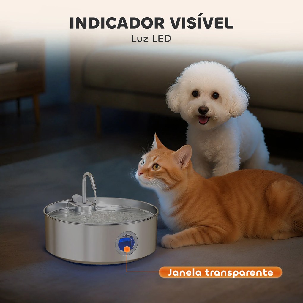 Fonte para Gatos em Aço Inoxidável 7L Silencioso Fonte de Água para Animais Automática com Sistema de Filtros Luz LED 30,5x31,2x19,3 cm Prata