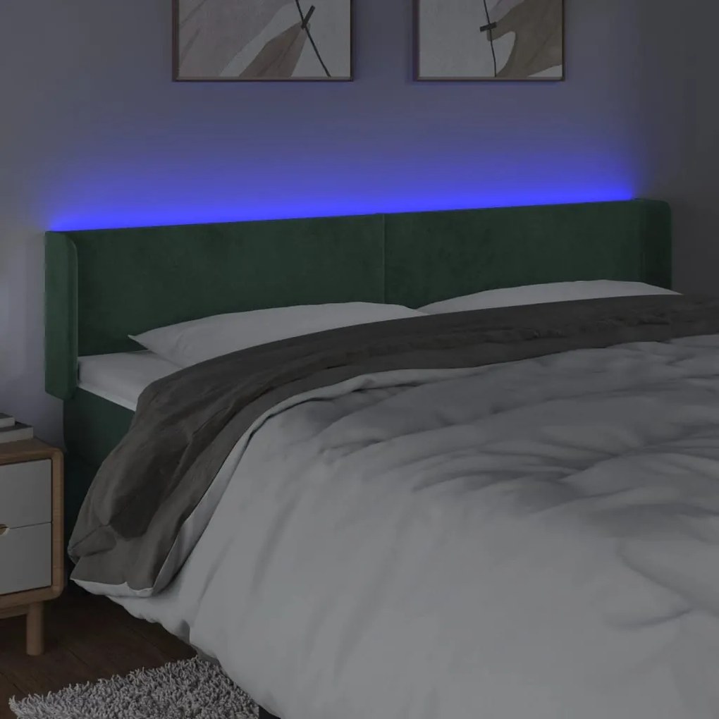 Cabeceira cama c/ luzes LED veludo 203x16x78/88 cm verde-escuro