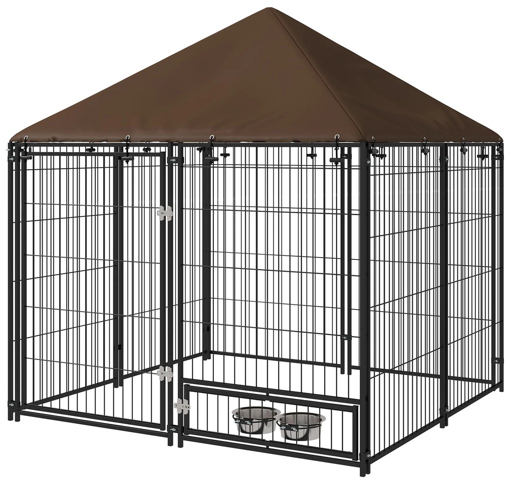 PawHut Parque para Cães com Toldo com Suporte Giratório para Comida 2 Tigelas Incluídas 141x141x151 cm Preto Marrom