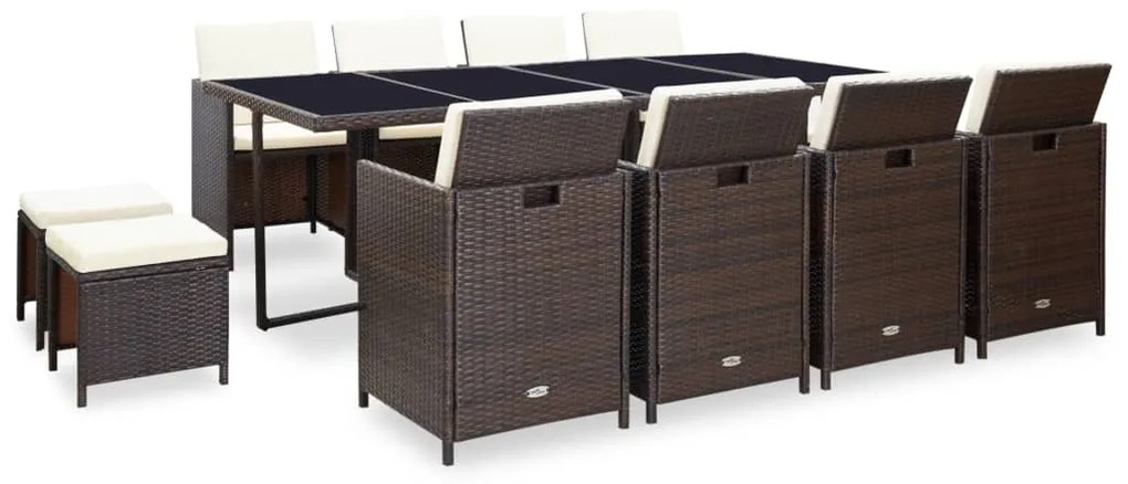 vidaXL 13 pcs conjunto jantar exterior com almofadões vime PE castanho
