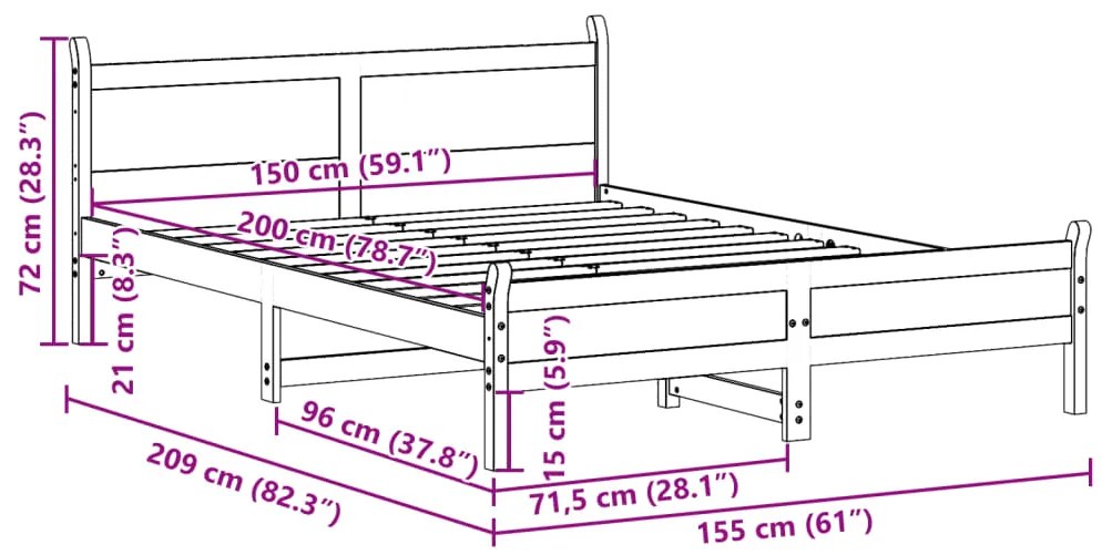 Cama sem colchão 150x200 cm madeira de pinho maciça branco