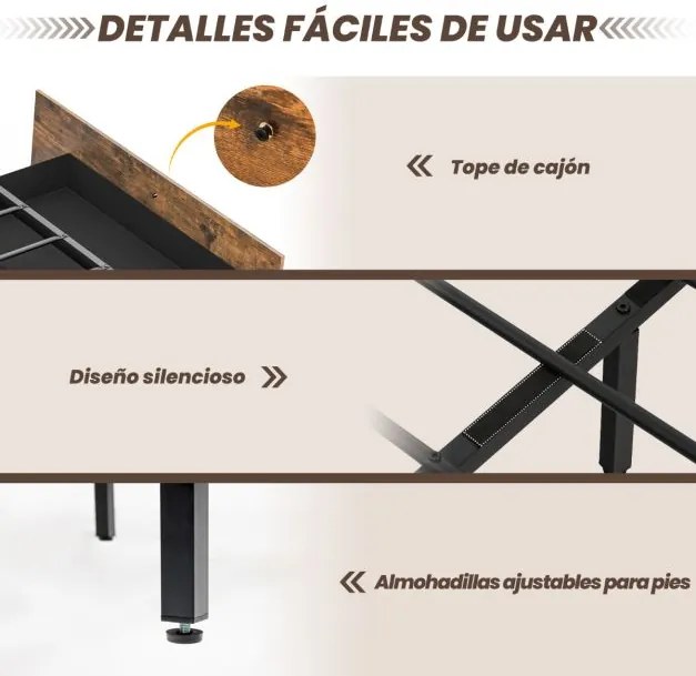 Estrutura de cama de casal 140 x 200 cm em metal (COLCHÃO NÃO INCLUIDO) Cabeceira com luz LED RGB 4 Ligação USB  gavetas de arrumação Castanha