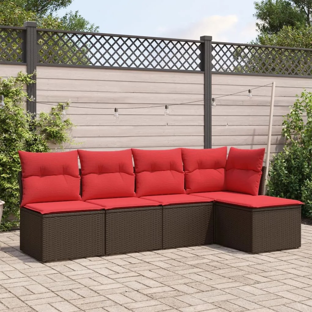 vidaXL 5 pcs conjunto sofás p/ jardim c/ almofadões vime PE castanho