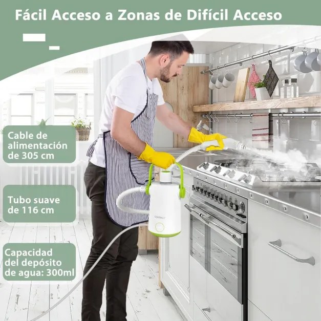 Máquina portátil de limpeza a vapor de 1000w com tanque de água de 300ml, mangueira estendida e vaporizador de roupas de cabo longo Branco