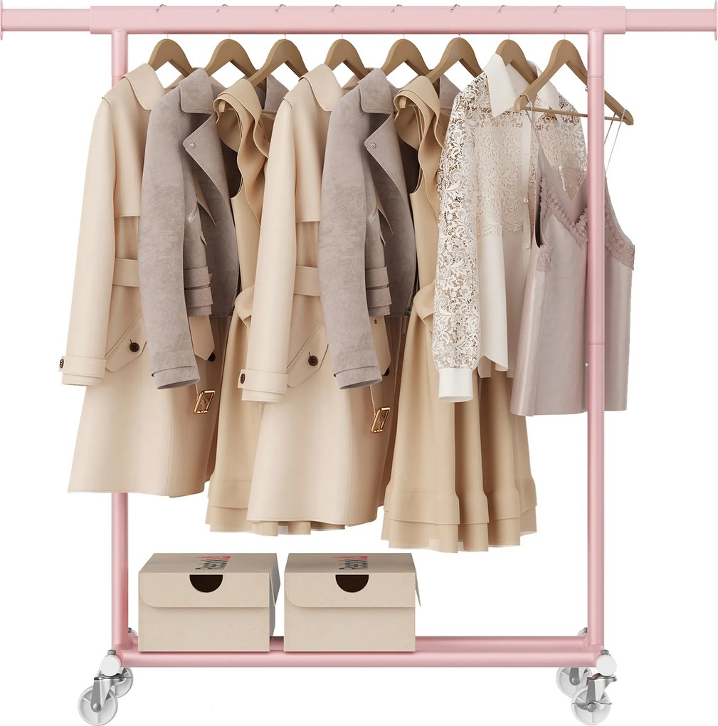 Charriot guarda roupa aberto com rodas 45 x (92-132) x 161,5 cm (P x L x A), barra extensível para roupa Rosa