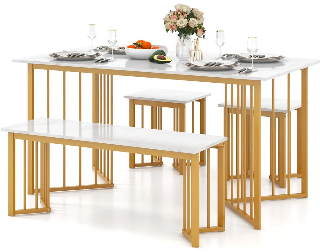Conjunto de jantar 4 peças Mesa retangular com banco e 2 bancos Pernas de metal em grão de mármore Branco + dourado