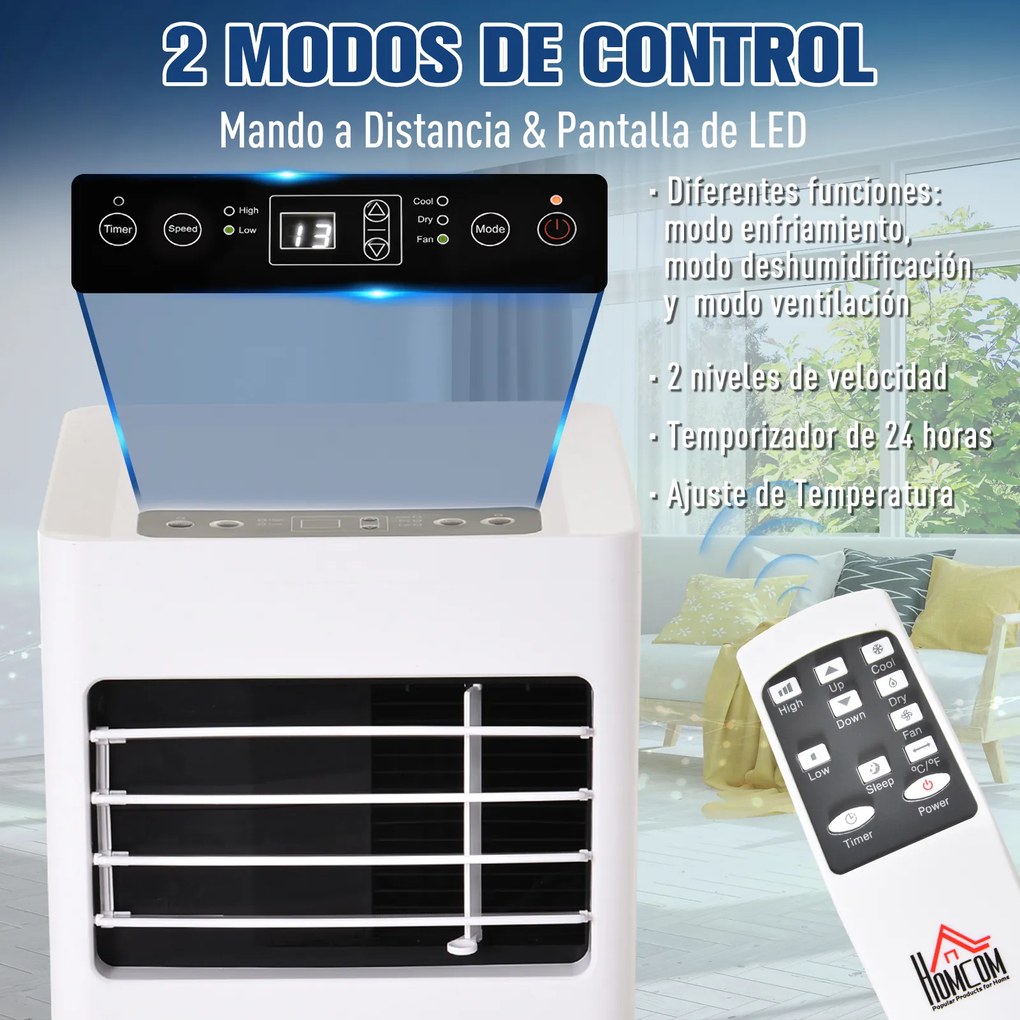 HOMCOM Ar Condicionado Portátil 7000BTU 3 em 1 Refrigerador Desumidificador e Ventoinha com Temporizador LED e Controlo Remoto Silencioso 30,5x32,8x67,8 cm Branco