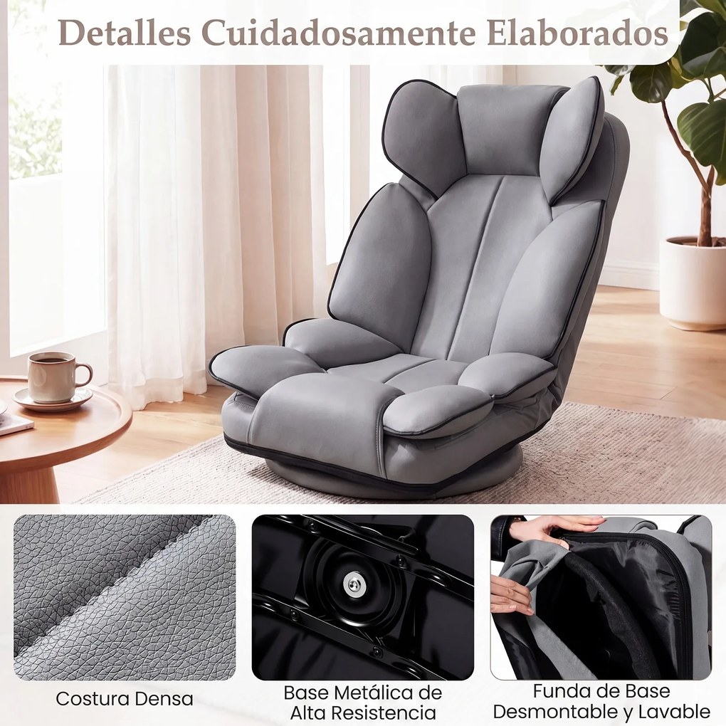 Cadeira de Chão Giratória, 55 x 55-117 x 20-76 cm, Encosto Reclinável, Cinzento