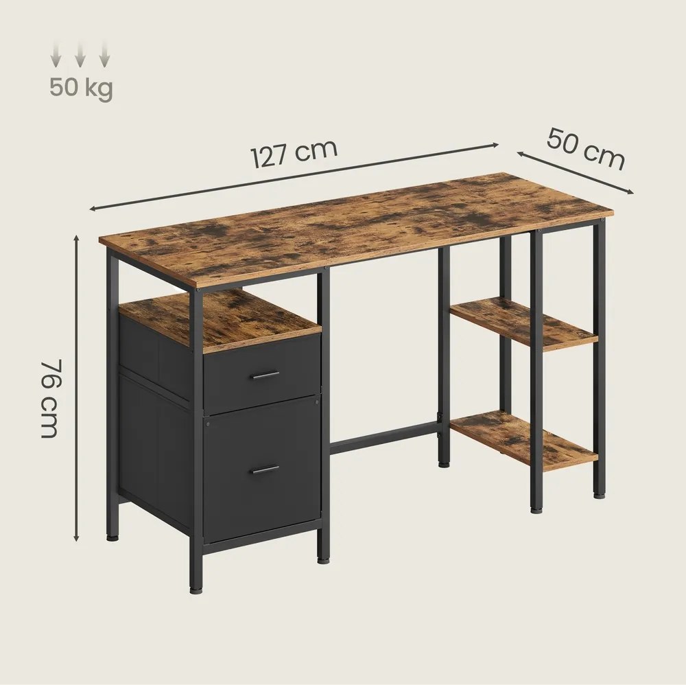 Secretária com 3 prateleiras com 2 gavetas, 127 x 50 x 76 cm castanho-preto