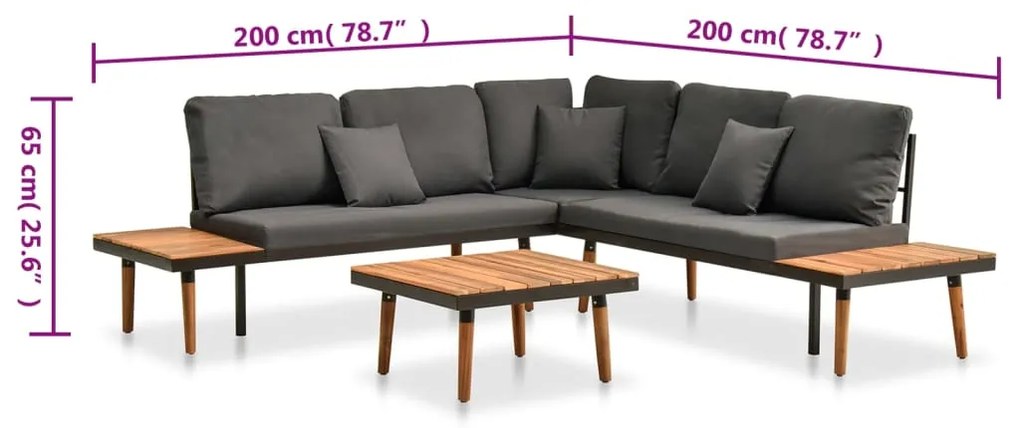 4 pcs conj. lounge jardim c/ almofadões madeira acácia maciça